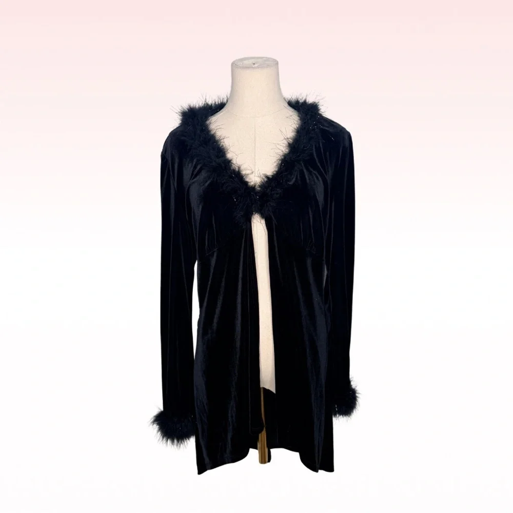 CDC 90s Black Velvet Feather Cardigan Top